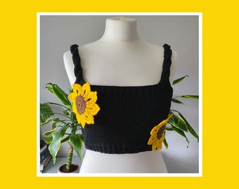 Hand Knitted Sunflower Design Black Crop Top