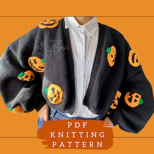 Easy Knitting Pattern Halloween Pumpkin Design Boxy Oversized Cropped Cardigan PDF