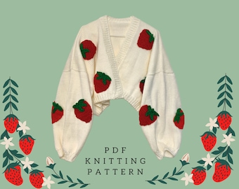 Patrón de tejido fácil: cárdigan corto holgado y cuadrado con diseño de fresas en formato PDF