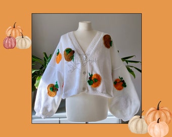 Hand Knitted Autumn Fall Pumpkin Design White Boxy Oversized Cropped Cardigan Vegan Wool