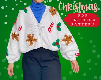 Easy Knitting Pattern Christmas Design Boxy Oversized Cropped Cardigan PDF Gingerbread Man Candy Cane Holly Leaves