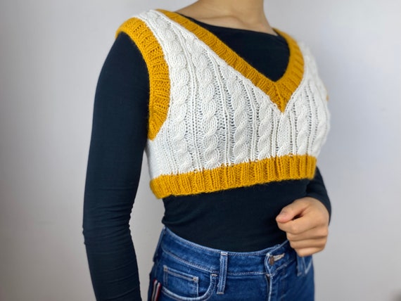 Hand Knitted V Neck Cable Knit Cream Crop Vest with Coloured Trim Cropped Preppy Gen Z Fashion
