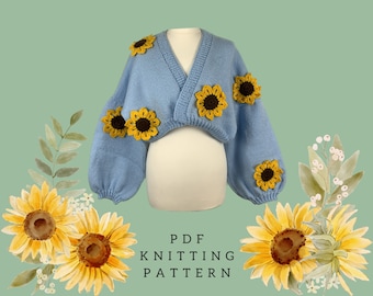 Easy Knitting Pattern Sunflower Design Boxy Oversized Cropped Cardigan PDF