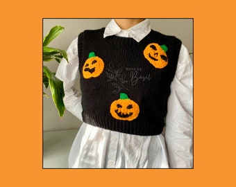 Hand Knitted Halloween Pumpkin Design Black Crop Vest Vegan Wool