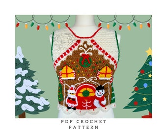 Easy Crochet Pattern Christmas Gingerbread House Cropped Vest PDF Santa Snowman Christmas Trees Candy Cane