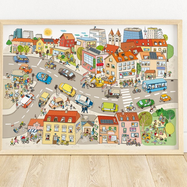 Wimmelbild "In der Stadt" großes Poster für Kinder mit liebevollen Details