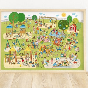 Könnte beinhalten: Ein gerahmter Druck, der eine lebhafte Spielplatzszene zeigt. Die Illustration zeigt zahlreiche Kinder und Erwachsene, die sich bei verschiedenen Aktivitäten vergnügen, darunter Schaukeln, Rutschen und Klettergerüste. Das Kunstwerk spielt in einer parkähnlichen Umgebung mit Bäumen und Picknickdecken.