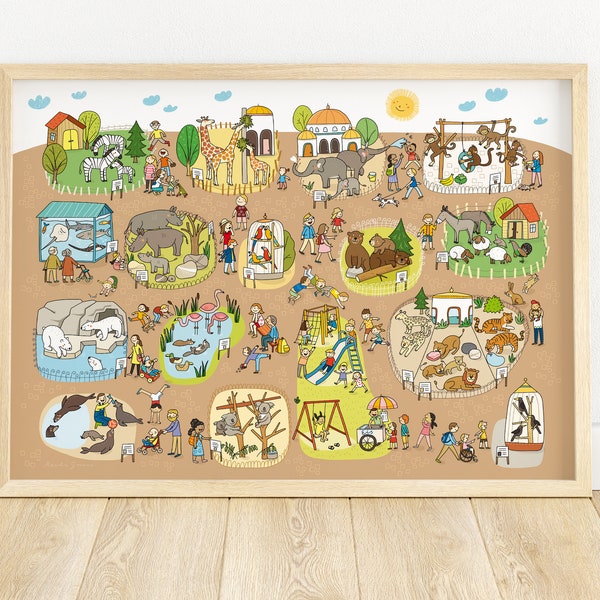 Wimmelbild "Im Zoo" großes Poster für Kinder mit liebevollen Details