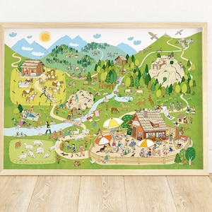 Wimmelbild "In den Bergen" großes Poster für Kinder mit liebevollen Details