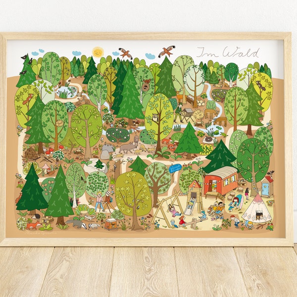 Wimmelbild "Im Wald" großes Poster für Kinder mit liebevollen Details