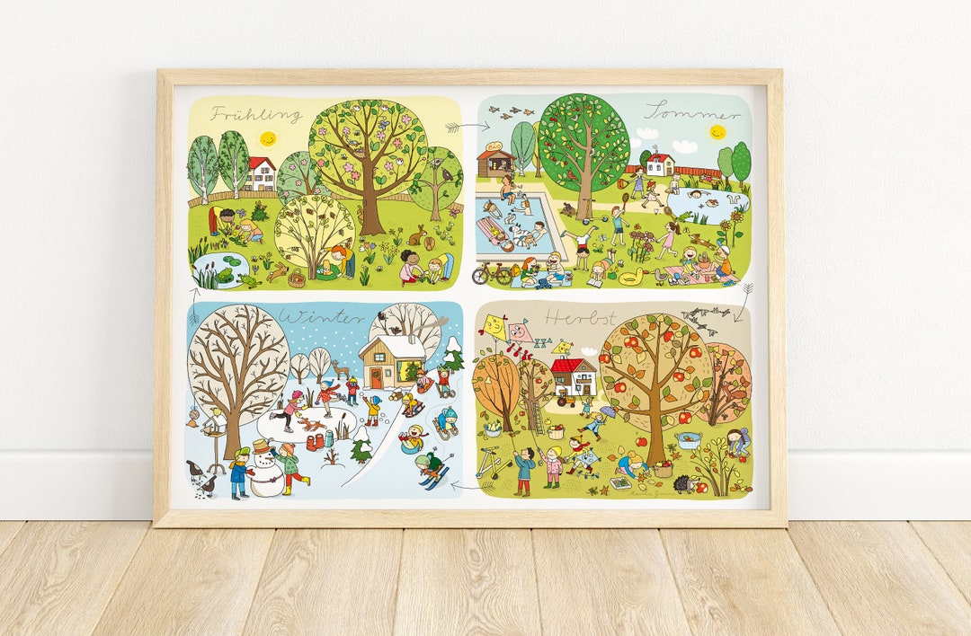 Wimmelbild Jahreszeiten großes Poster für Kinder mit liebevollen