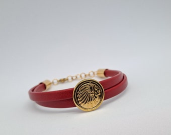 339. Bracelet cuir rouge 2 brins avec déco indien dorée à l'or fin