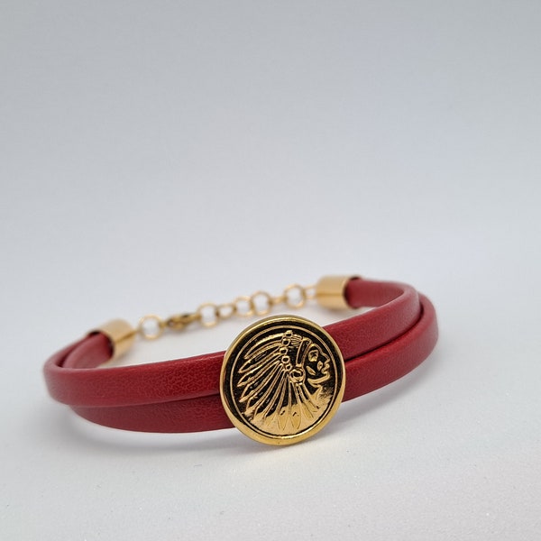 339. Bracelet cuir rouge 2 brins avec déco indien dorée à l'or fin