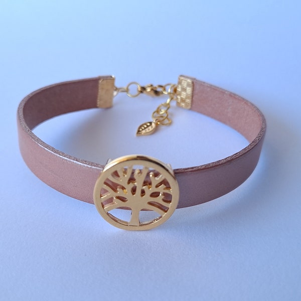 407. Bracelet cuir 1 brin rose nacré avec déco arbre de vie flashé or et breloque feuille dorée à l'or fin