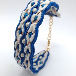 220. 3-row cuff bracelet in navy/light gray soutache, velvet soutache, with faceted glass beads and magic beads (thin wrist)