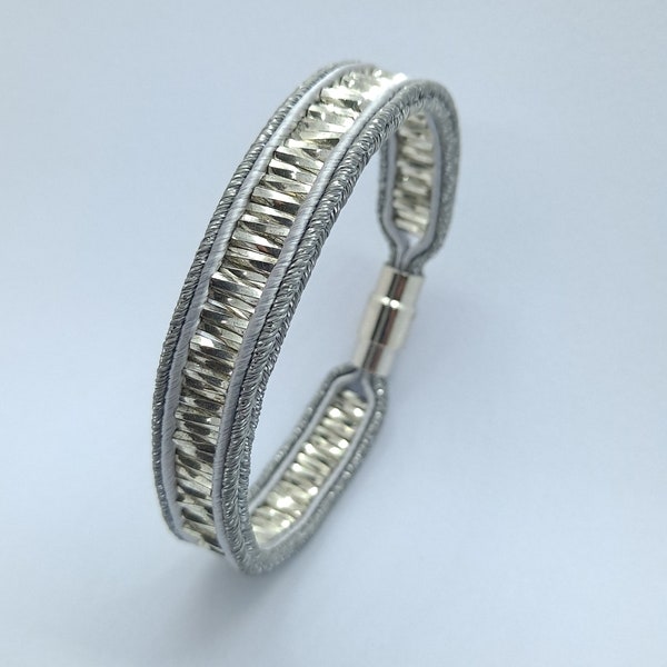 378. Grey/silver soutache bracelet with Miyuki glass tube beads