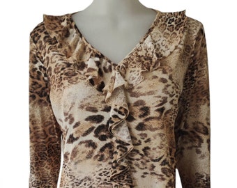 Vintage 90s/y2k leopard print stretch micro-mesh ruffled blouse