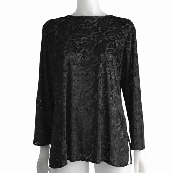 Vintage black velvet long sleeve shirt, transpare… - image 1