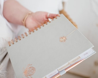 A5 Planner, undated planner, Grey PU leather cover, Rose gold spiral bound, Protea rose gold foiling.