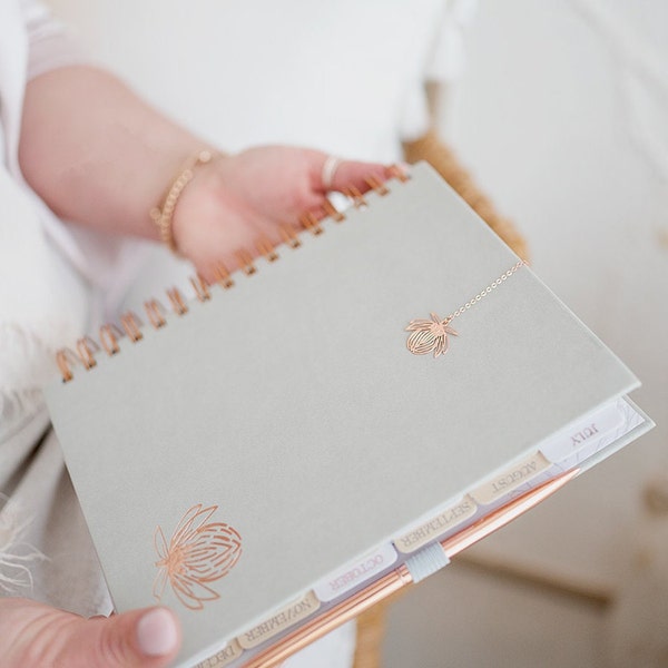 A5 Planner, undated planner, Grey PU leather cover, Rose gold spiral bound, Protea rose gold foiling.