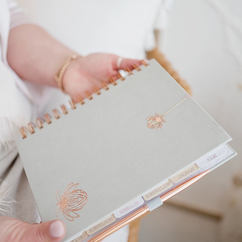 A5 Planner, undated planner, Grey PU leather cover, Rose gold spiral bound, Protea rose gold foiling. image 1