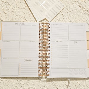 A5 Planner, undated planner, Grey PU leather cover, Rose gold spiral bound, Protea rose gold foiling. image 9