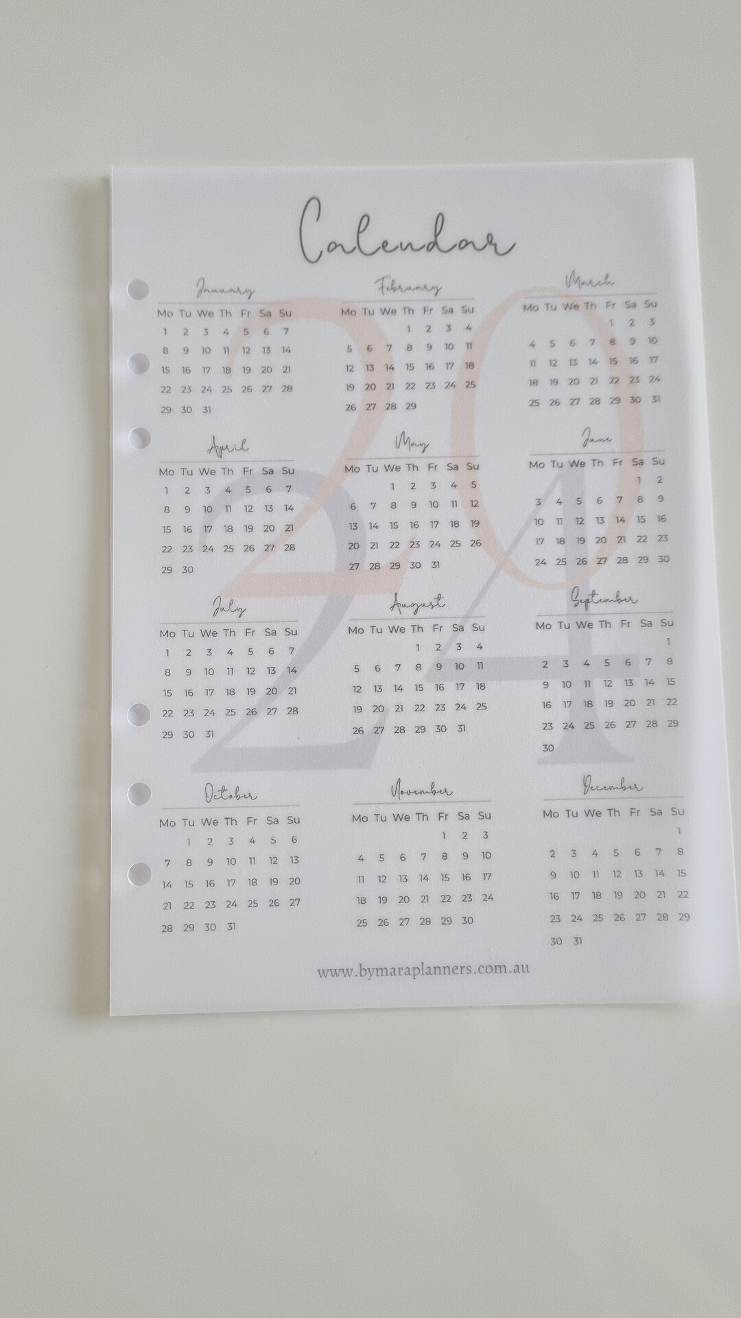 2024 Calendar, A5 Vellum Dashboard Milk Vellum Overlay Monthly Planning