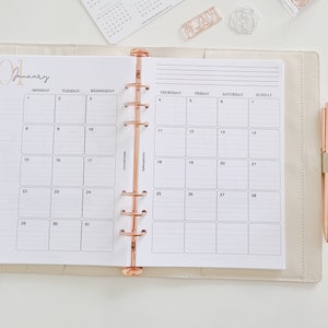 A5 monthly inserts| Month on two pages| Inserts for ring planners