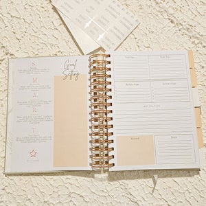 A5 Planner, undated planner, Grey PU leather cover, Rose gold spiral bound, Protea rose gold foiling. image 2