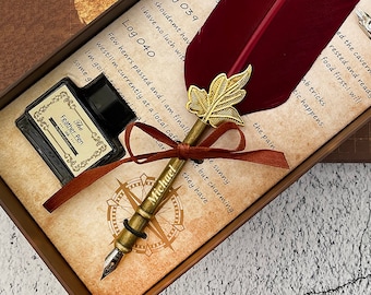 Aangepaste kalligrafie set ganzenveer met geschenkdoos, gepersonaliseerde rode veren pen en zwarte inkt, gegraveerde pennenset, vintage pen cadeau voor schrijvers