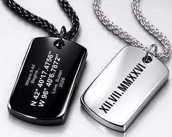 Royal Black Stainless Steel Dog Tag Necklace Custom Engraved Secret Message Gift for Him