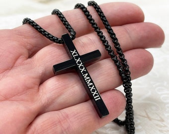 Personalized CROSS NECKLACE Men Women, Custom Engraved Pendant Chain Necklaces Silver Black Gifts for Him Dad Boyfriend Gift for Her Mom