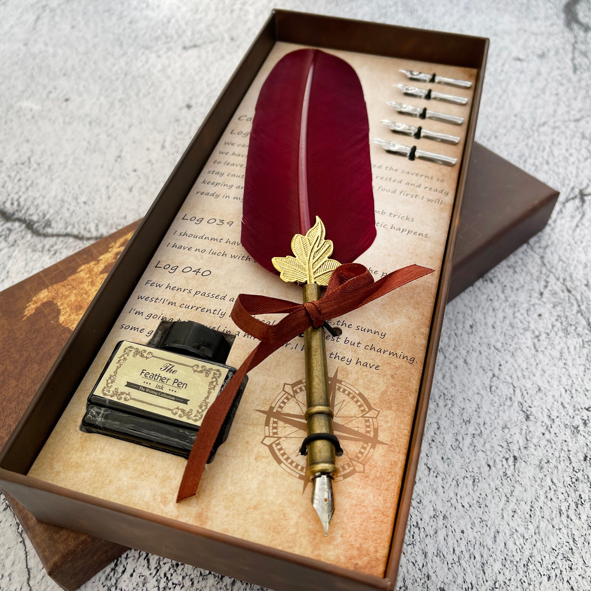 Customized Classic Elegant Feather Pen Antique Vintage Red Quill Pen and Black Ink Set in Gift Box Gifts for Artists and Writers