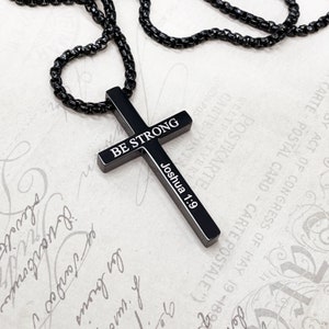 Custom Engraved Cross Necklace Personalized Gifts for Him, Boyfriend Gift, Black Cross Pendant, Religious Jewelry for Men, Bible Verse Gifts