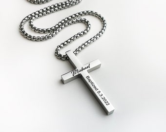 Silver Cross Mens Necklace Personalized Cross Gift for Him, Personalized Jewelry, Custom Name Necklace, Gift for Dad, Fathers Day Gift