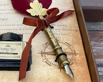 Benutzerdefinierte Stifte Roter Feder-Stift mit schwarzer Tinte Set - personalisierte Geschenke für Lehrer Vintage roter Federkiel in Geschenkbox Künstlergeschenke