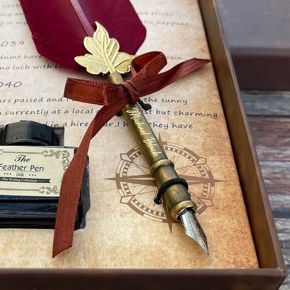 Customized Classic Elegant Feather Pen Antique Vintage Red Quill Pen and  Black Ink Set in Gift Box Gifts for Artists and Writers 