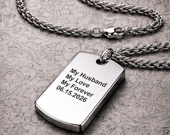 Cadeau voor echtgenoot: zilveren ketting, gepersonaliseerde herenhanger, op maat gegraveerd sieraad, kerstcadeau
