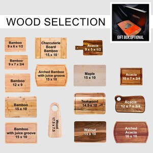 May include: A selection of wooden cutting boards in various shapes and sizes. The boards are made from bamboo, acacia, maple, teakwood, and walnut. Dimensions are listed in inches. Gift box optional.