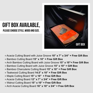 May include: A wooden cutting board set inside a black gift box. The box is open, revealing the board and an orange card. Text on the box reads "GIFT BOX AVAILABLE, PLEASE CHOOSE STYLE, WOOD AND SIZE."