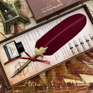 Customized Classic Elegant Feather Pen Antique Vintage Red Quill Pen and Black Ink Set in Gift Box Gifts for Artists and Writers image 3