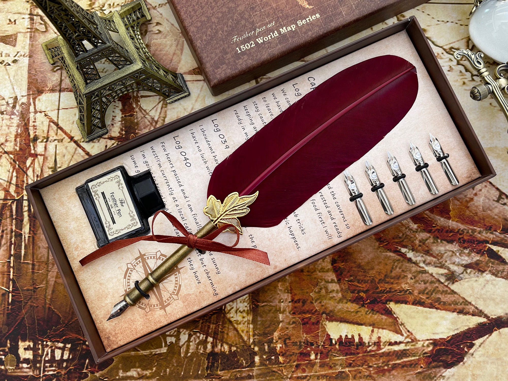 Customized Classic Elegant Feather Pen Antique Vintage Red Quill Pen and Black Ink Set in Gift Box Gifts for Artists and Writers