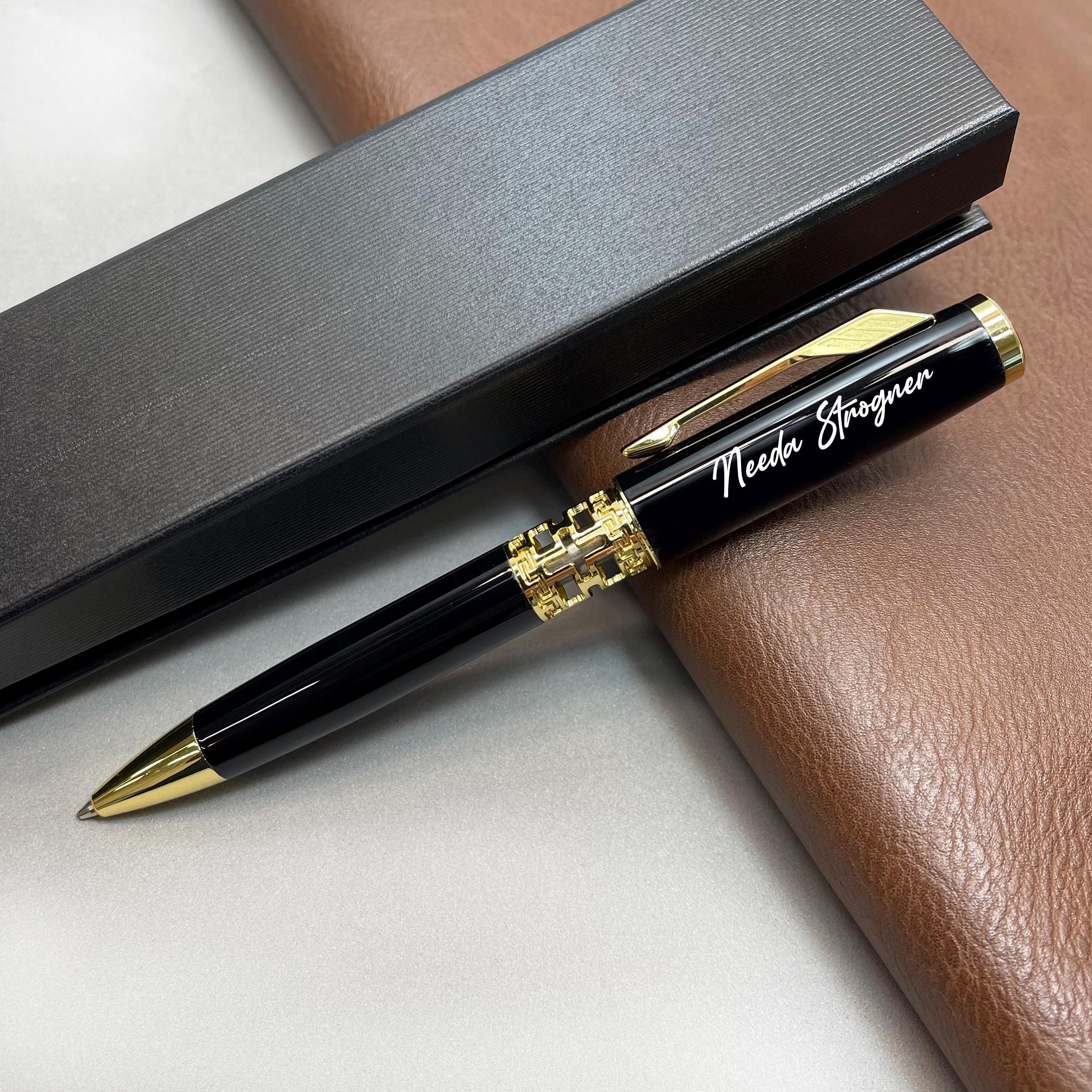 Personalized Black Lacquer Ballpoint Pen, Gold Accents, Custom Engraved ...
