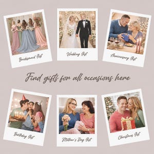Puede incluir: Un collage de fotos estilo polaroid que muestra ideas de regalos. Las im&aacute;genes incluyen bodas, aniversarios y celebraciones de cumplea&ntilde;os. El texto dice: "Encuentra regalos para todas las ocasiones aqu&iacute;."
