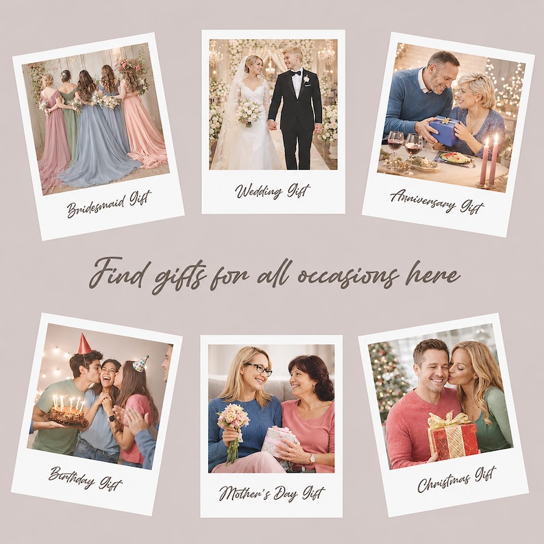 Puede incluir: Un collage de fotos estilo polaroid que muestra ideas de regalos. Las im&aacute;genes incluyen bodas, aniversarios y celebraciones de cumplea&ntilde;os. El texto dice: "Encuentra regalos para todas las ocasiones aqu&iacute;."