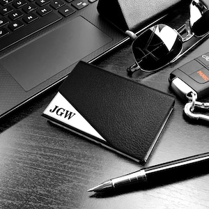 Individueller Visitenkartenetui, Silber Schwarz Kartenetui, Geschenk für Sie, Professionelle Schlanke Brieftasche, Leder Schwarz Silber Visitenkarten Geschenk für Ihn