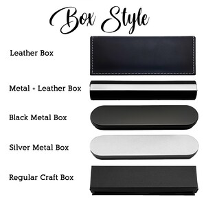 Puede incluir: Imagen que muestra varios estilos de cajas. Las opciones incluyen una caja de cuero negro, una caja de metal y cuero, una caja de metal negro, una caja de metal plateado y una caja artesanal normal. El texto "Box Style" est&aacute; en la parte superior.