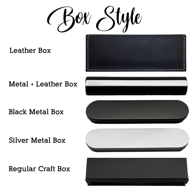 Puede incluir: Imagen que muestra varios estilos de cajas. Las opciones incluyen una caja de cuero negro, una caja de metal y cuero, una caja de metal negro, una caja de metal plateado y una caja artesanal normal. El texto "Box Style" est&aacute; en la parte superior.