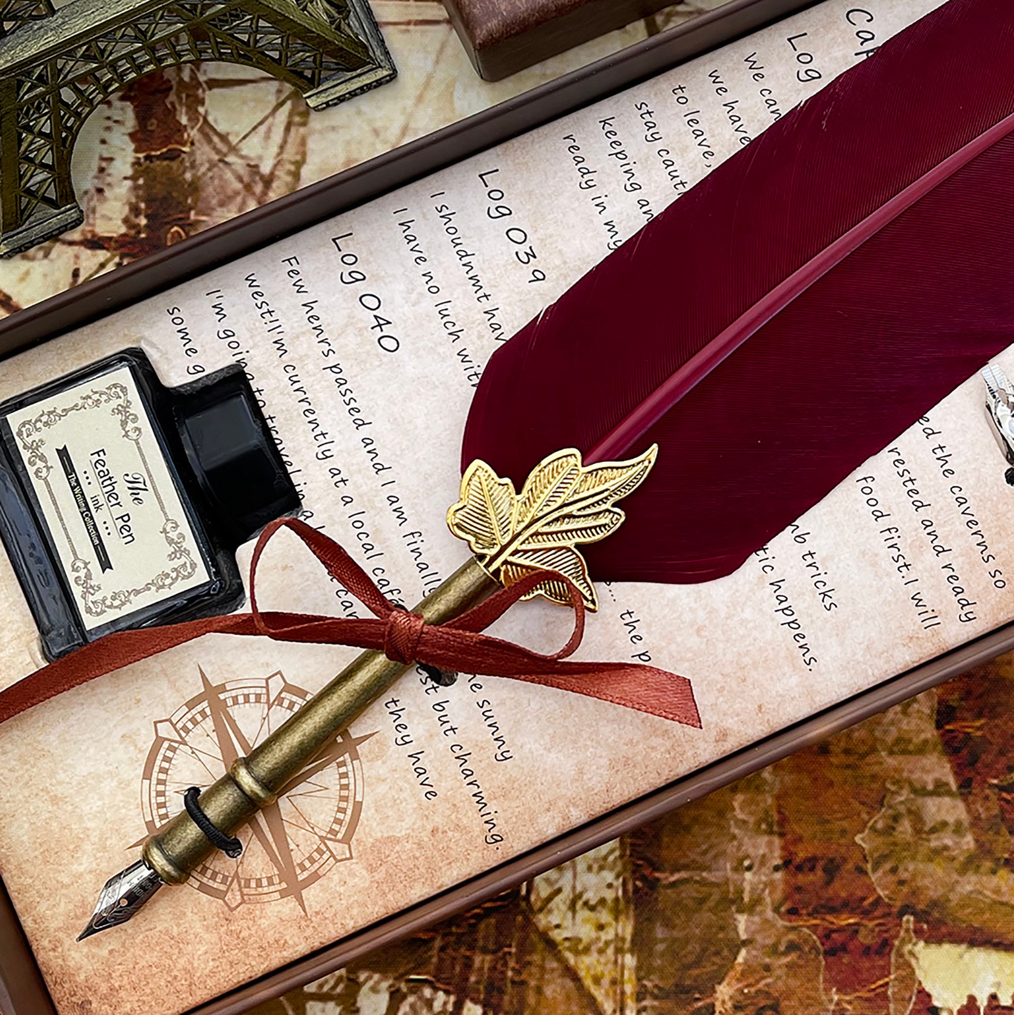 Customized Classic Elegant Feather Pen Antique Vintage Red Quill Pen and Black Ink Set in Gift Box Gifts for Artists and Writers