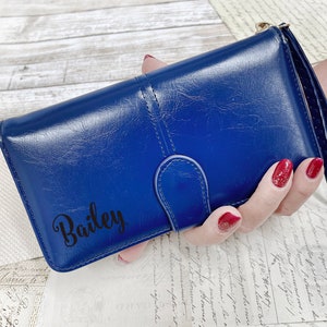 Carteras para mujer, tarjetero de cuero genuino, monedero de cuero grabado personalizado con bloqueo RFID, billetera de muñeca de gran capacidad, regalo